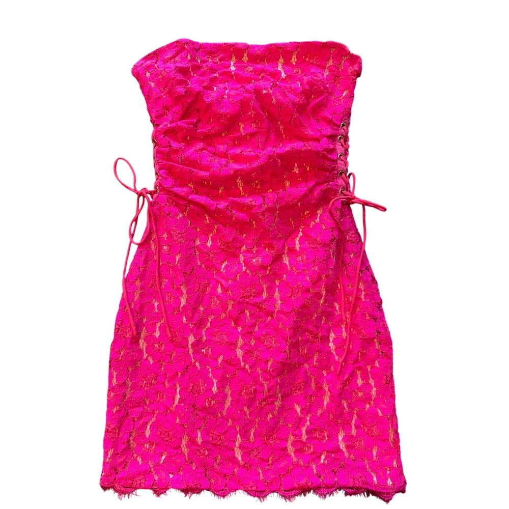 h:ours‎ Hot Pink Lace Strapless Mini Dress Side Lace Up Grommet Barbiecore Club